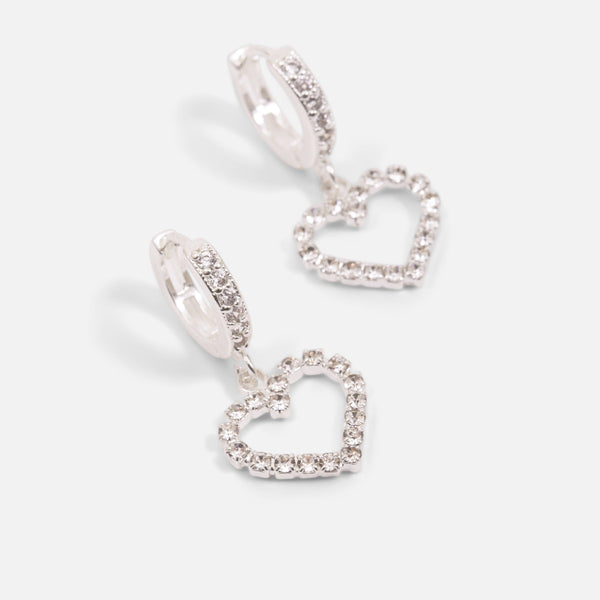 Load image into Gallery viewer, Silvered hoop earrings with sparkling stones and a heart charm
