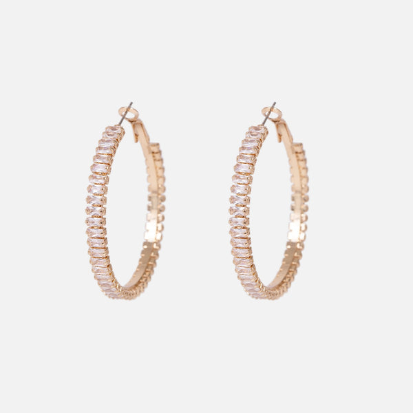 Load image into Gallery viewer, Wide golden hoop earrings with sparkling stones
