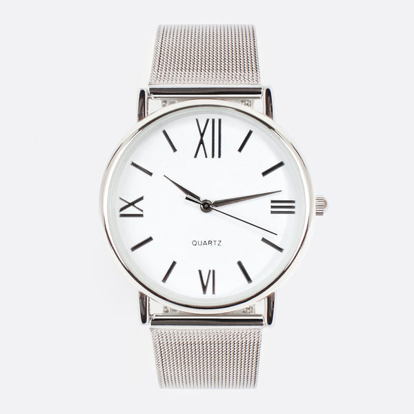 Load image into Gallery viewer, Silvered watch with mesh bracelet and round dial
