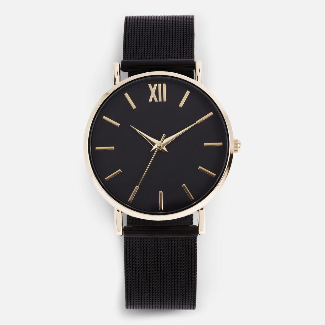 Iconik collection - black watch with mesh bracelet and gold ornaments