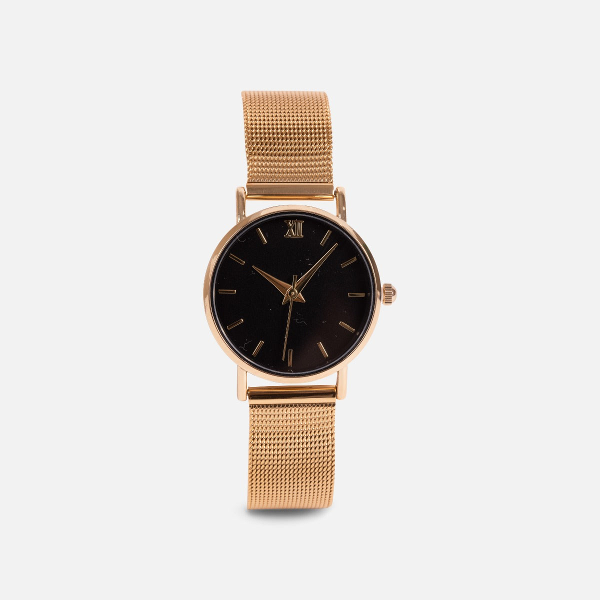 Minima collection - gold mesh bracelet watch with circular black dial