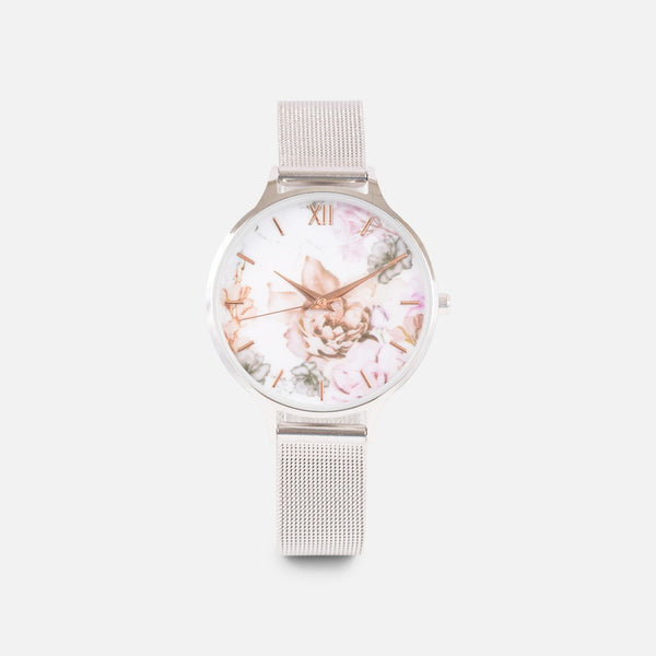 Charger l&#39;image dans la galerie, Collection iconik - montre argentée mailles avec cadran floral pâle
