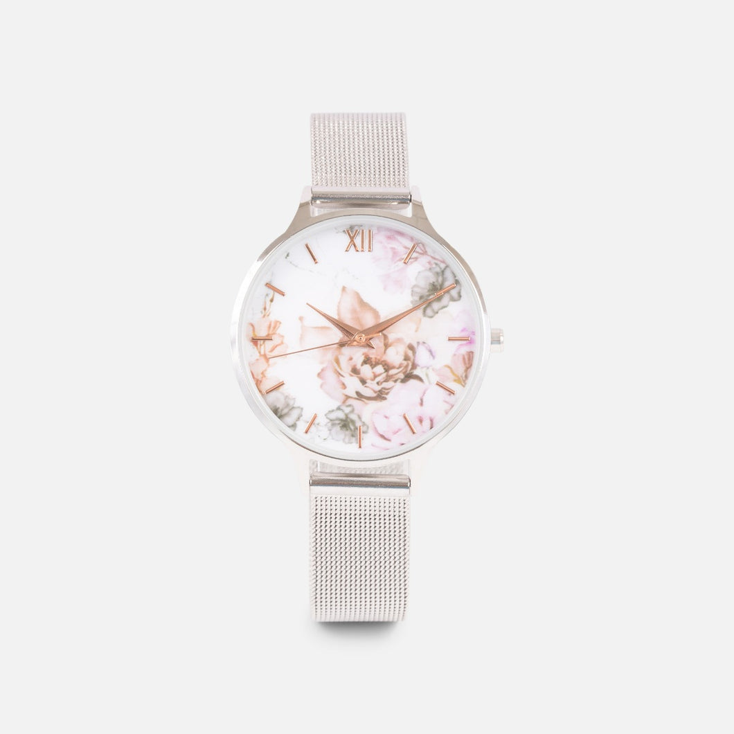 Collection iconik - montre argentée mailles avec cadran floral pâle