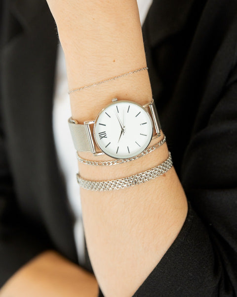 Load image into Gallery viewer, Iconik collection - silvered mesh watch with pale floral dial   
