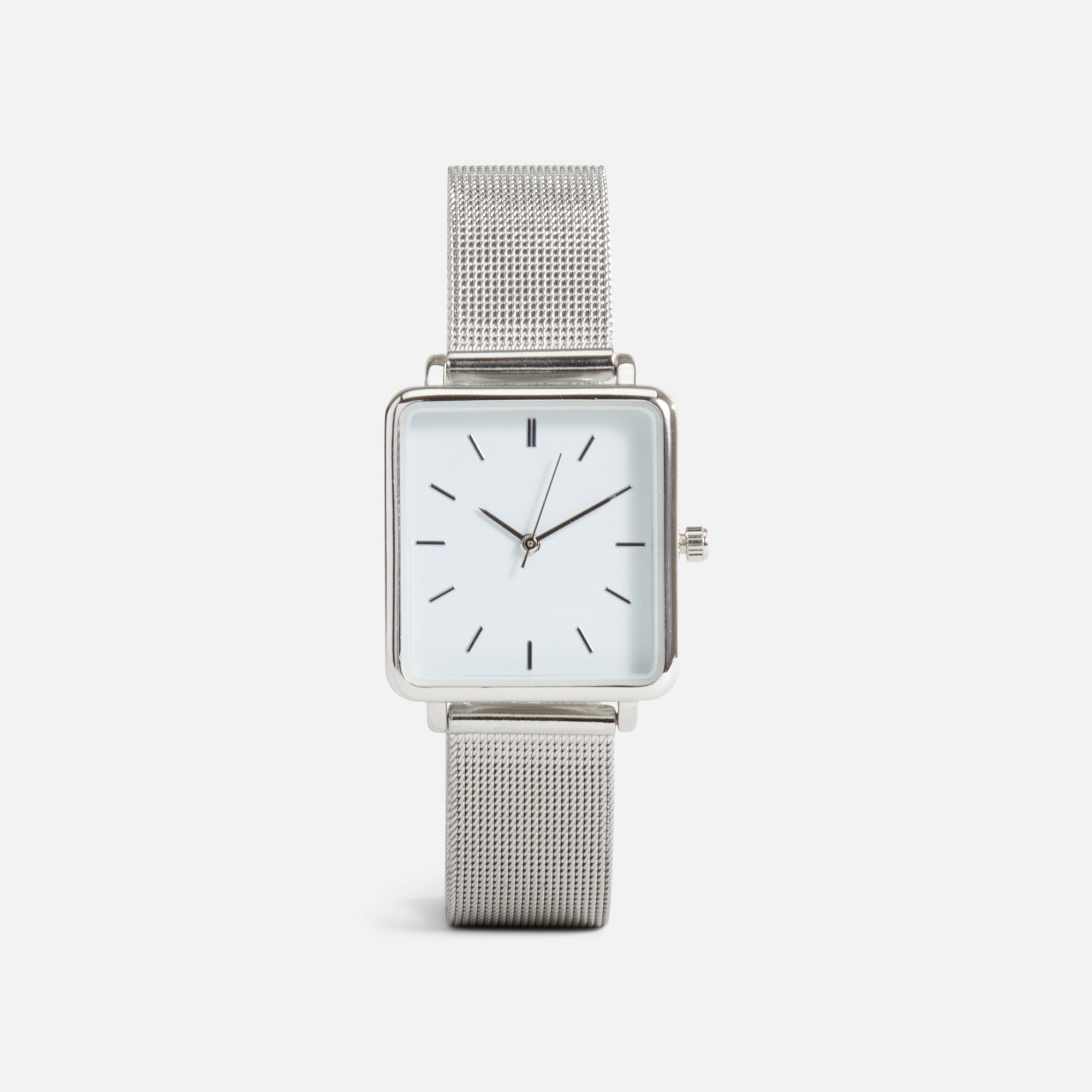 Minima collection - silvered mesh bracelet watch with rectangular white dial