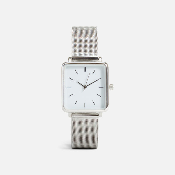 Charger l&#39;image dans la galerie, Collection minima - montre argentée bracelet à mèches avec cadran blanc rectangulaire
