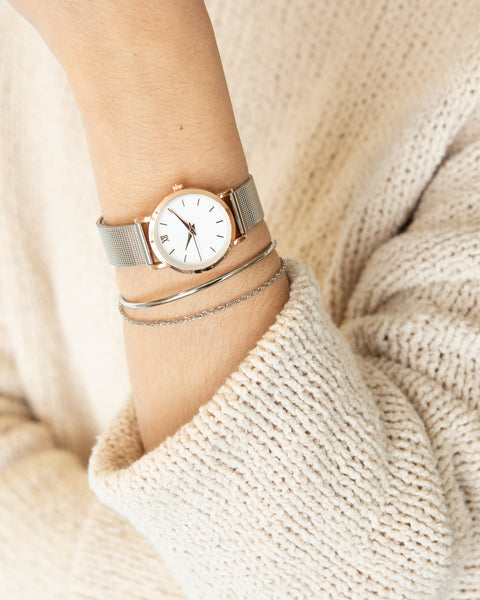 Load image into Gallery viewer, Minima collection - silvered mesh bracelet watch with rectangular white dial
