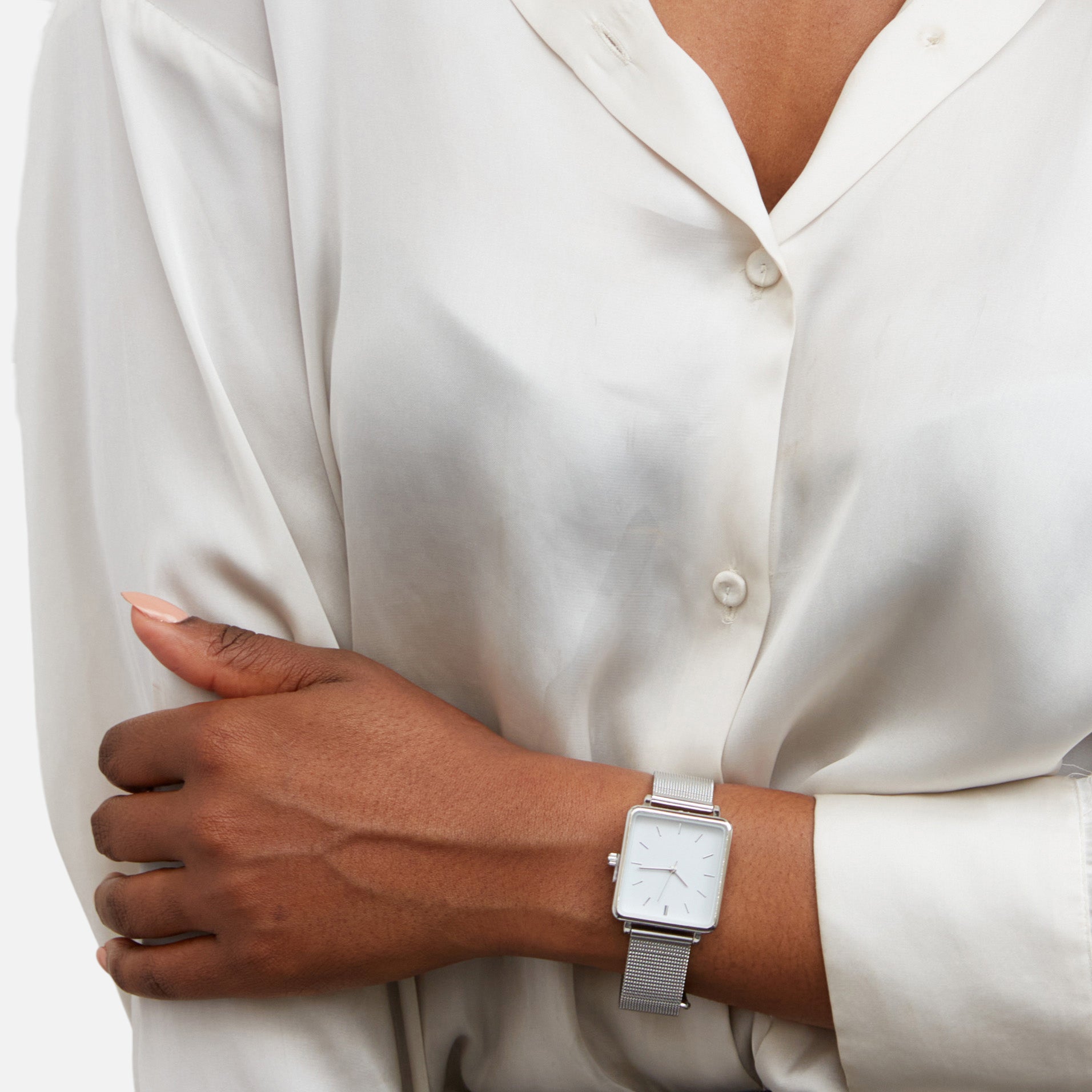 Collection minima - montre argentée bracelet à mèches avec cadran blanc rectangulaire