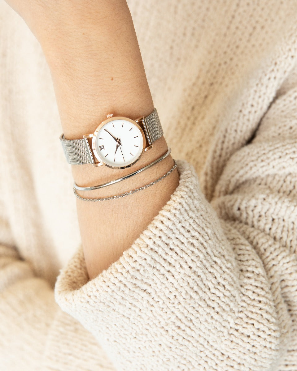 Minima collection - golden mesh bracelet watch with rectangular white dial