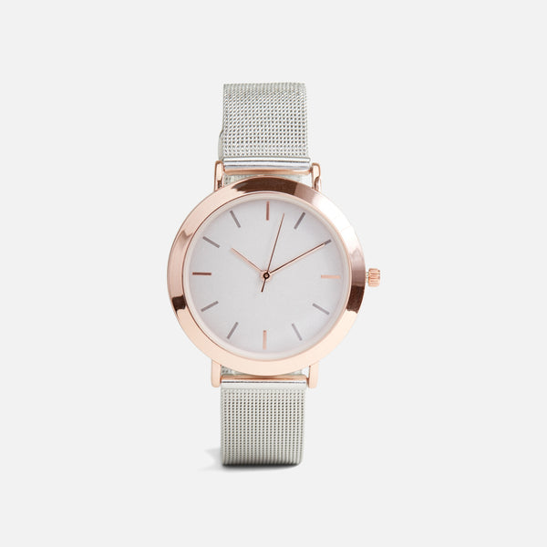 Load image into Gallery viewer, Iconik collection - silver watch with mesh bracelet and rose gold round dial 
