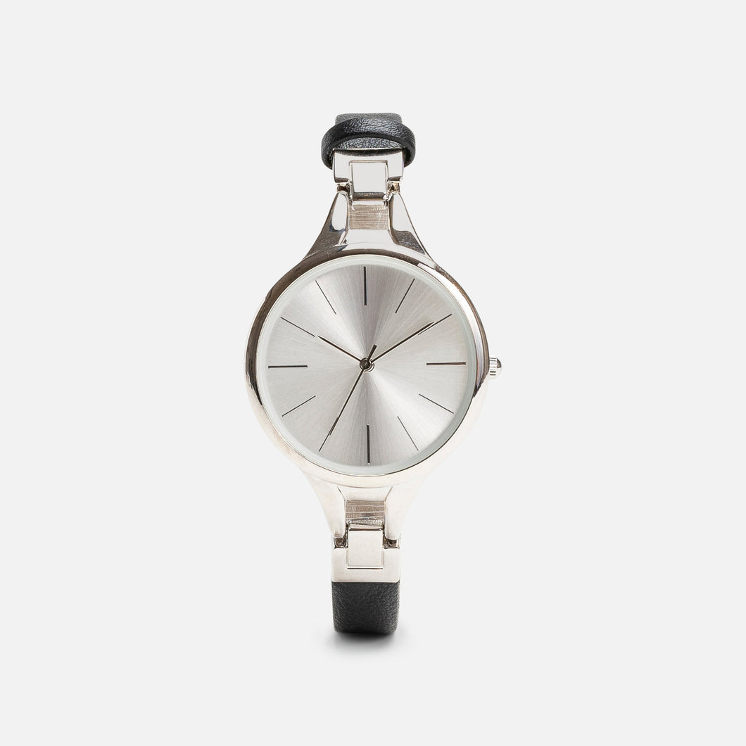 Classik collection – silvered watch with black leatherette and round dial 