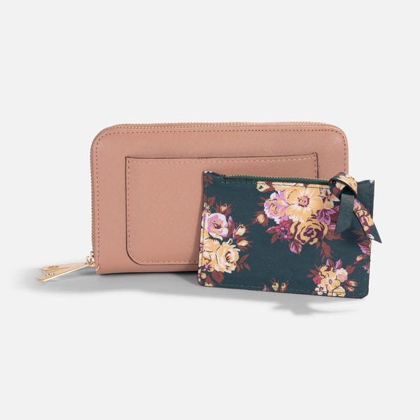 Load image into Gallery viewer, Taupe double wallet with green floral pouch
