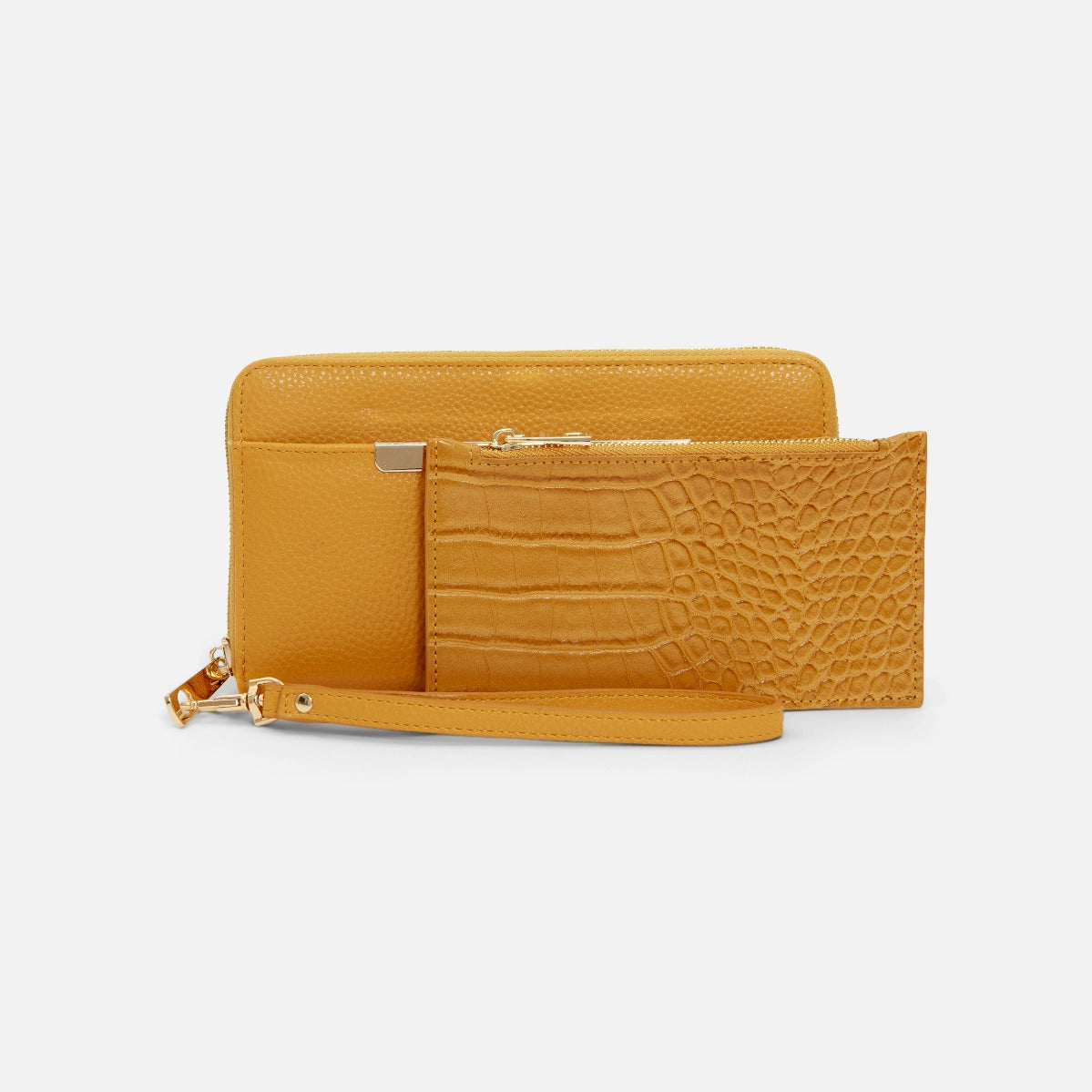 Ocher wallet and golden details with snake effect pattern removable pocket