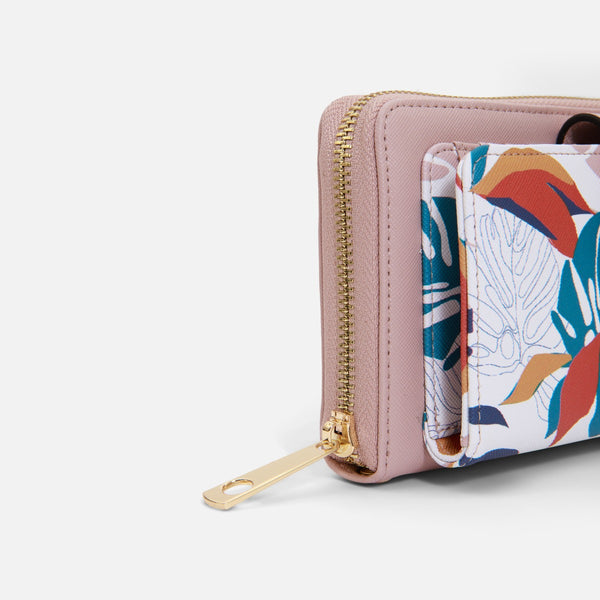 Load image into Gallery viewer, Light pink wallet with floral print and front pocket for cards 
