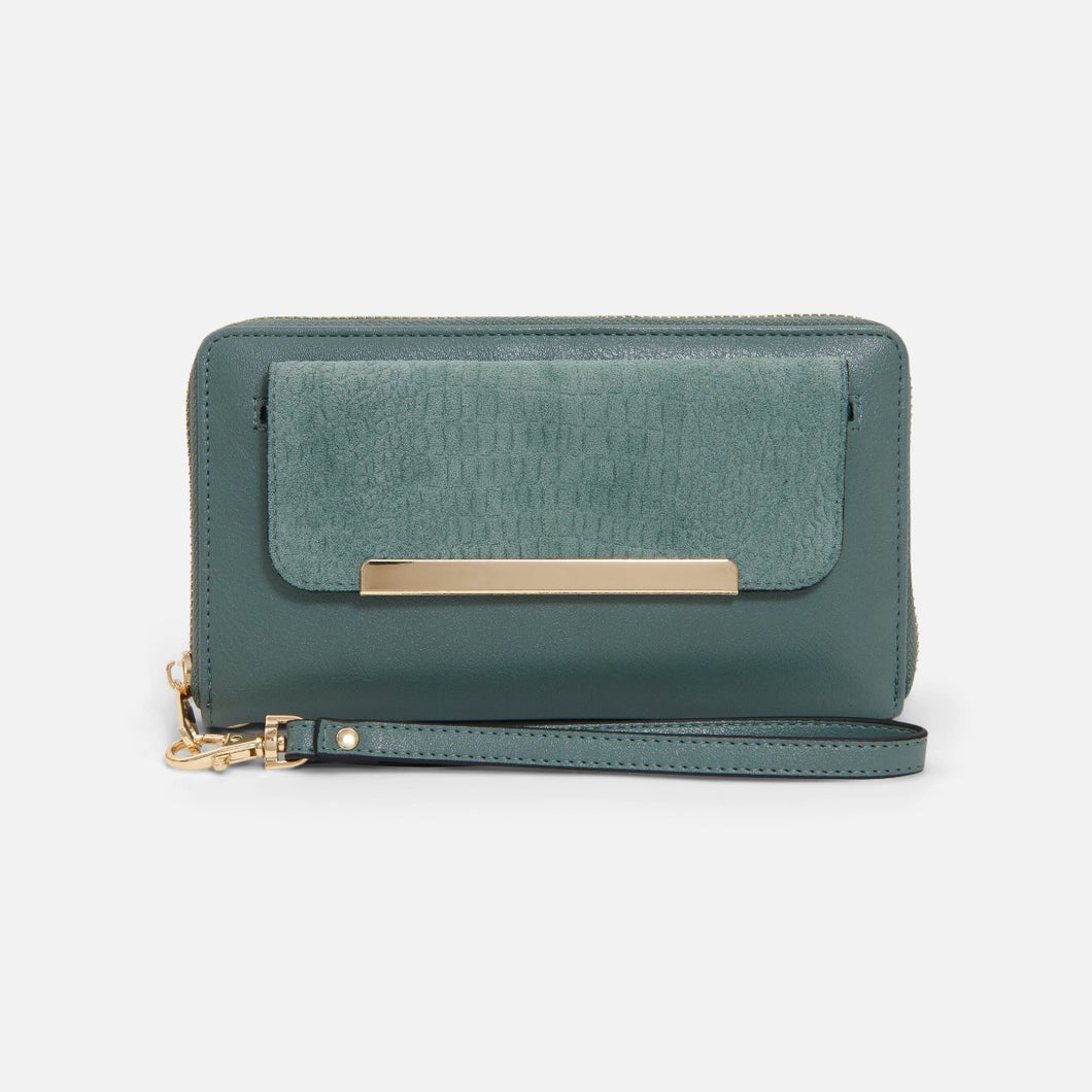 Portefeuille vert avec pochette amovible en effet peau de serpent