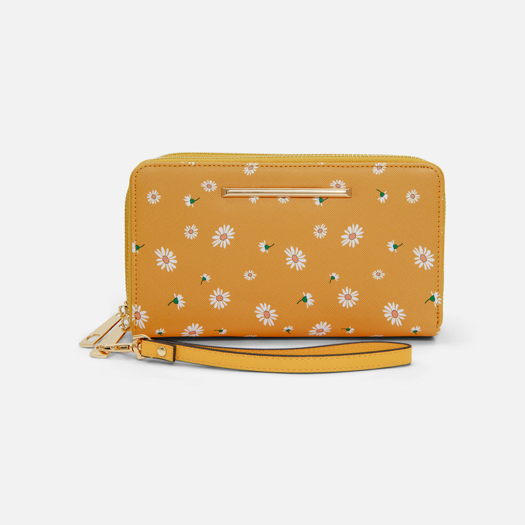 Double ocher wallet with golden details and white daisy print