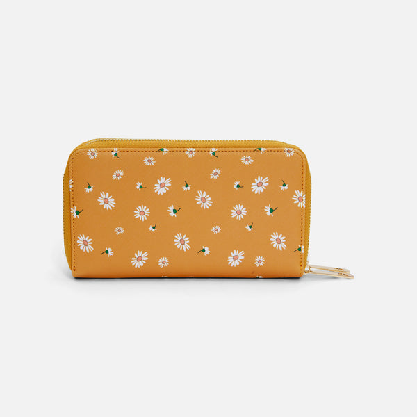 Load image into Gallery viewer, Double ocher wallet with golden details and white daisy print
