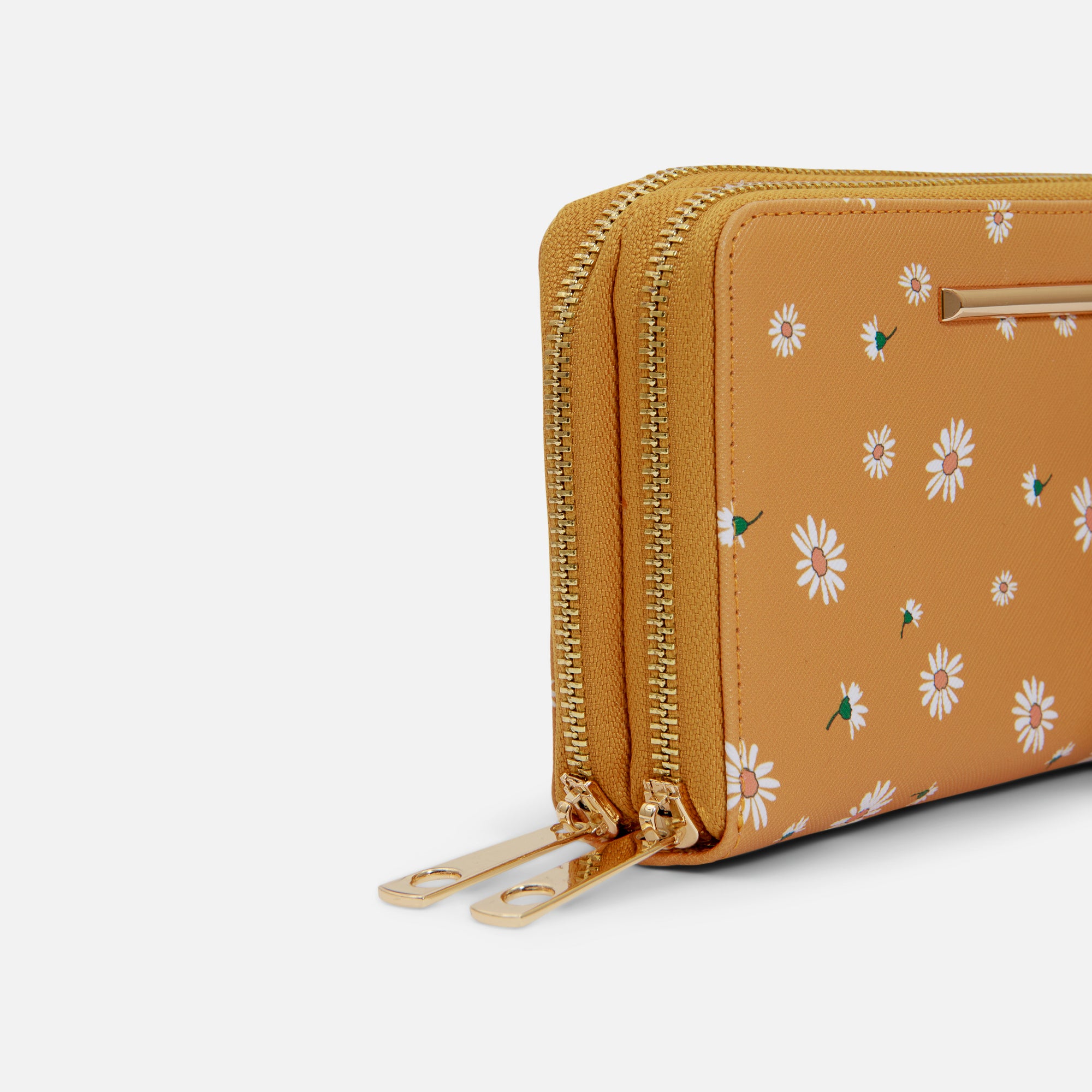 Double ocher wallet with golden details and white daisy print