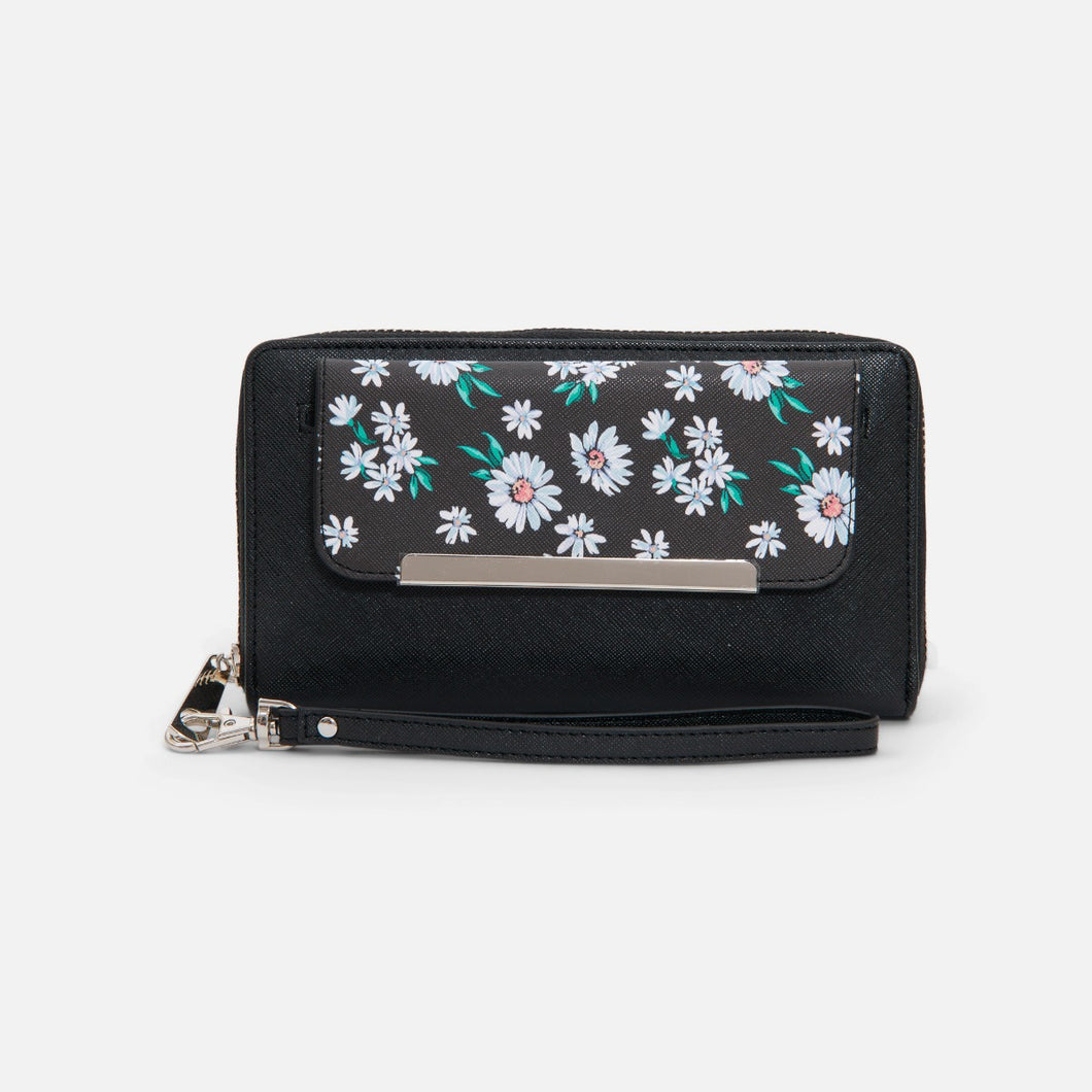 Black wallet with flower print flap pocket