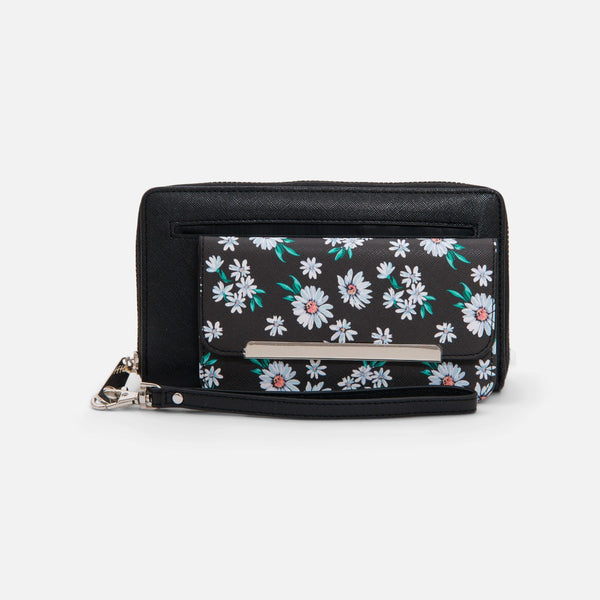 Load image into Gallery viewer, Black wallet with flower print flap pocket

