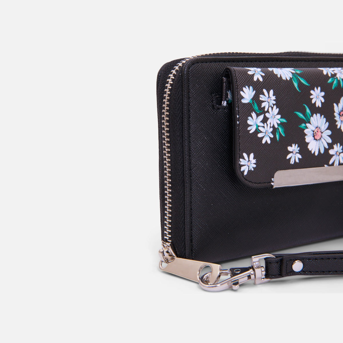 Black wallet with flower print flap pocket