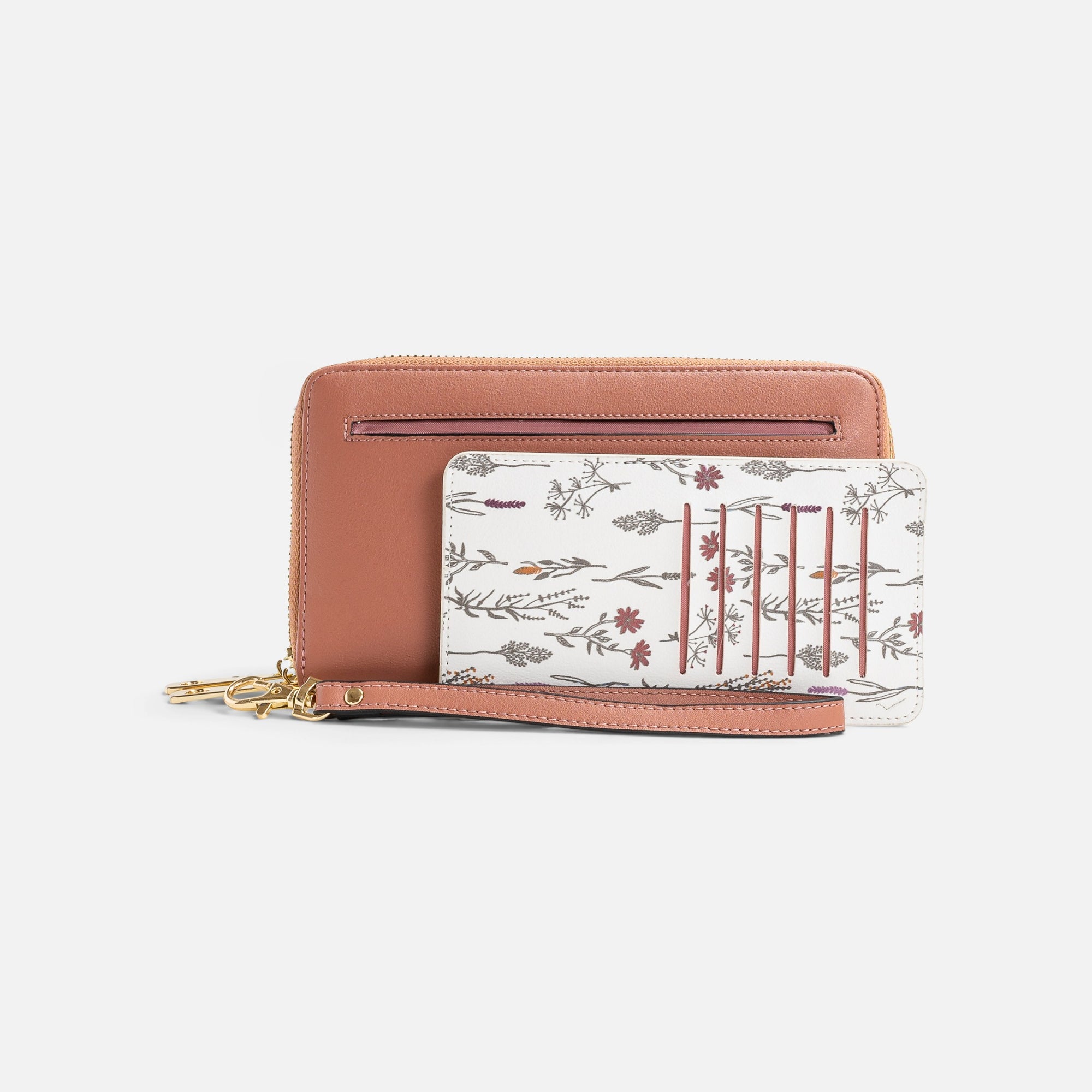 Portefeuille double rose avec pochette amovible fleuris