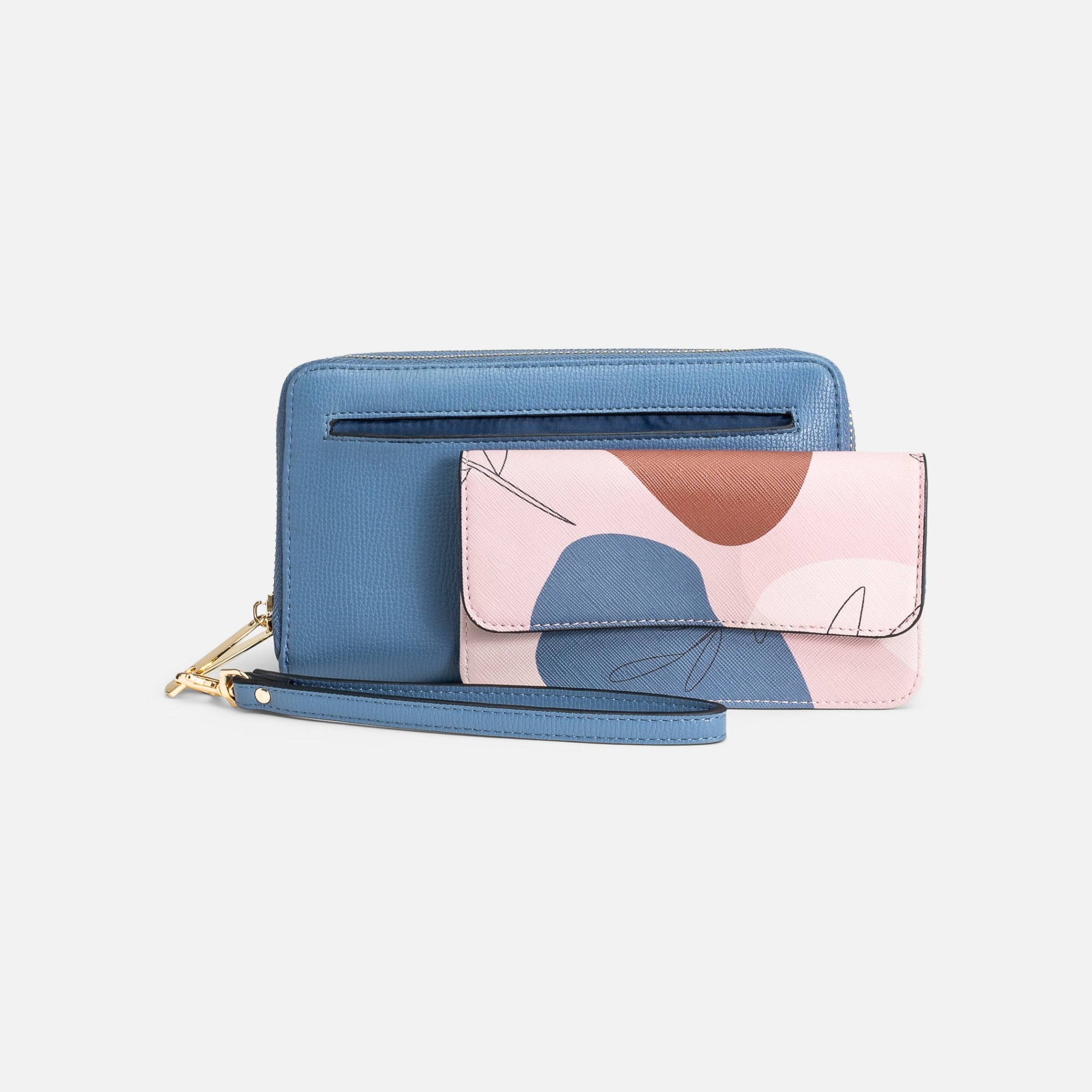 Portefeuille double bleu avec pochette amovible motif abstrait