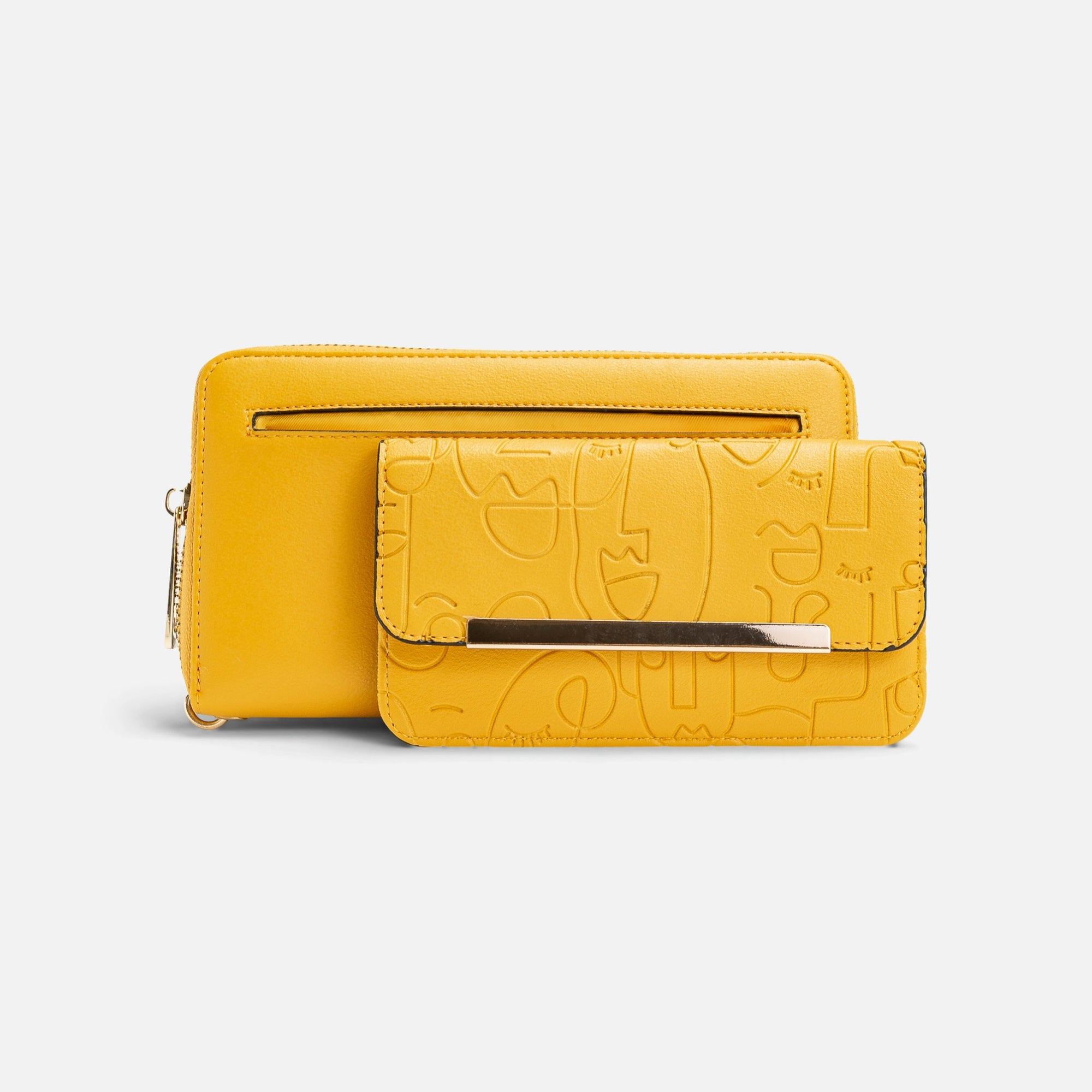 Double ocher wallet with abstract faces removable pocket 
