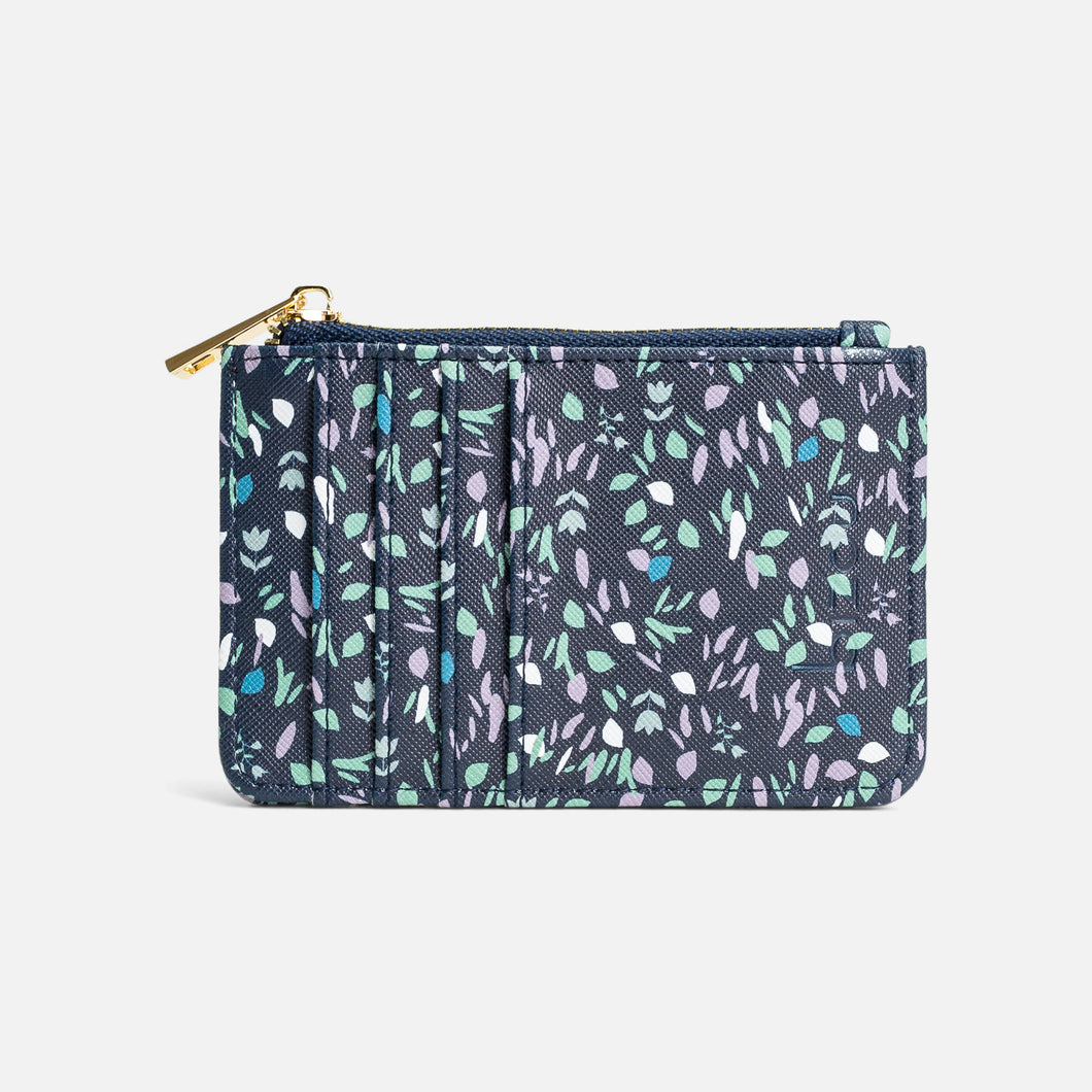 Navy card holder with leaf pattern