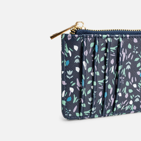 Load image into Gallery viewer, Navy card holder with leaf pattern
