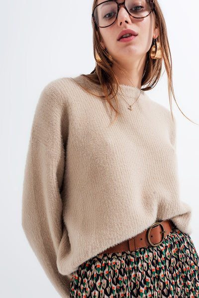 Load image into Gallery viewer, Crew neck jumper in rib with fluffy yarn in beige
