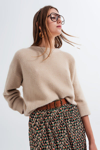 Charger l&#39;image dans la galerie, Q2 Crew neck jumper in rib with fluffy yarn in beige
