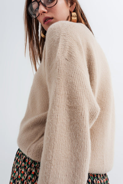 Load image into Gallery viewer, Crew neck jumper in rib with fluffy yarn in beige
