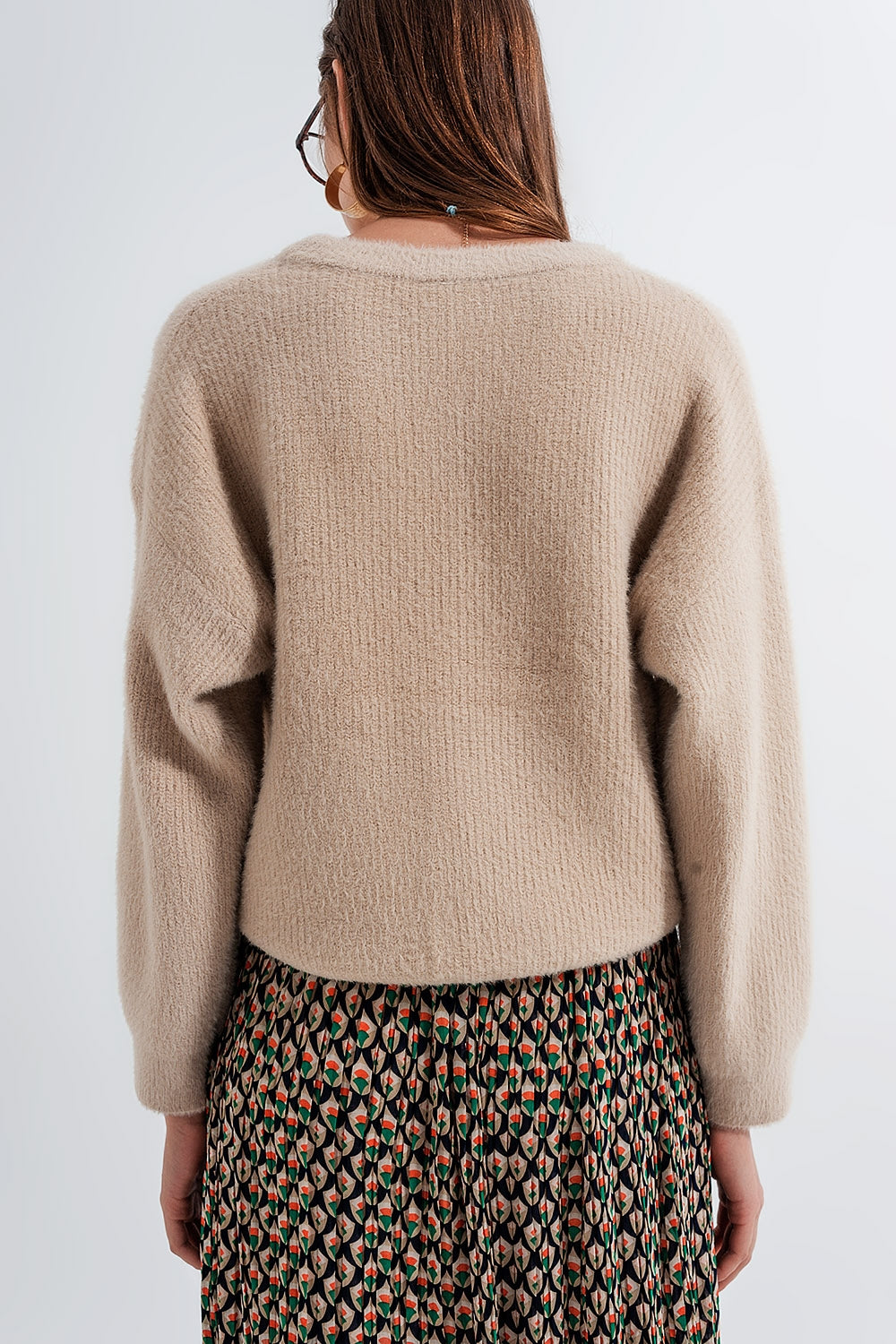 Crew neck jumper in rib with fluffy yarn in beige