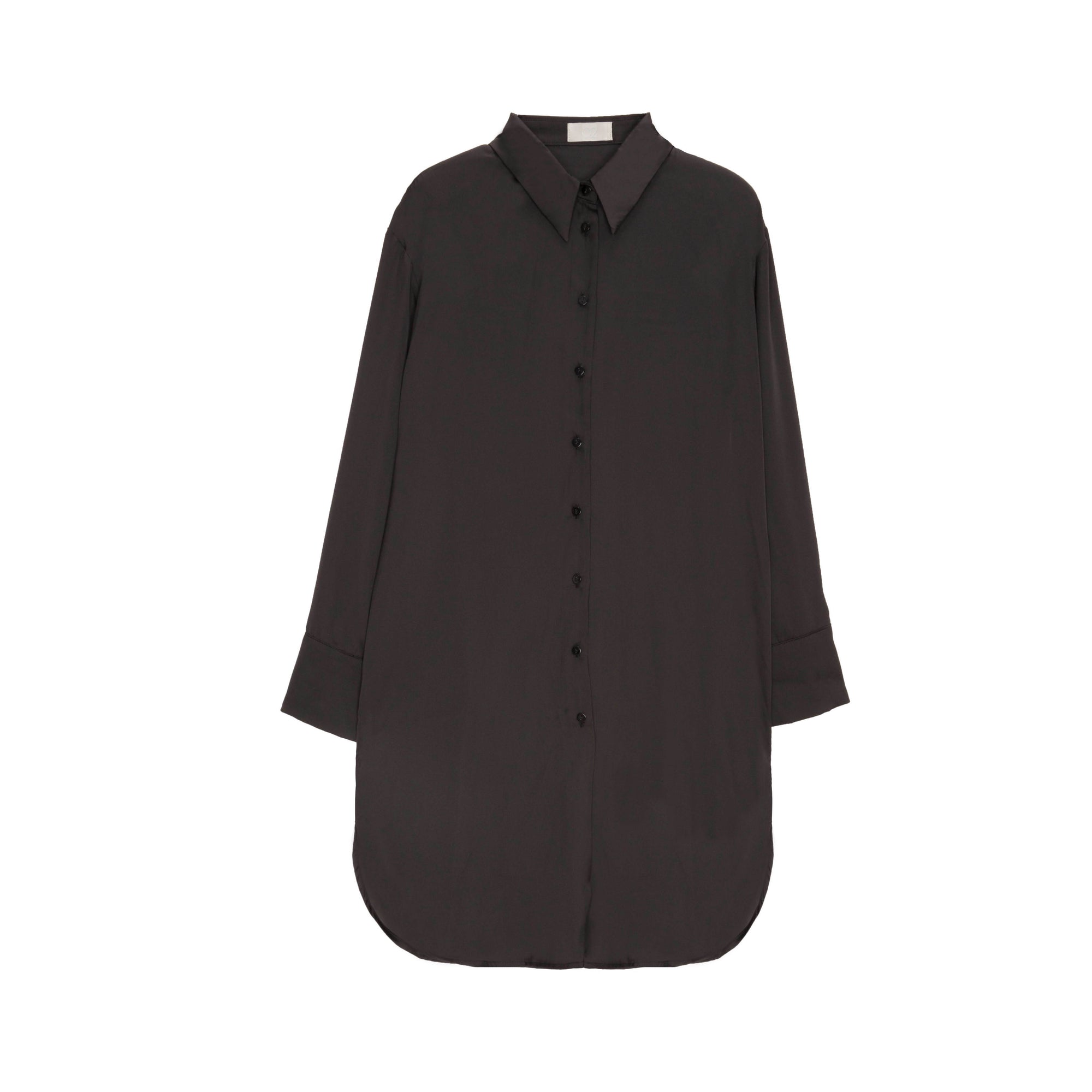 Long sleeve satin button front shirt in black