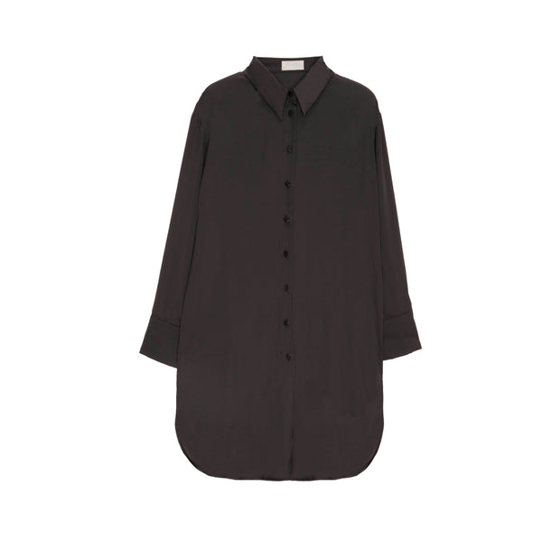 Load image into Gallery viewer, Long sleeve satin button front shirt in black
