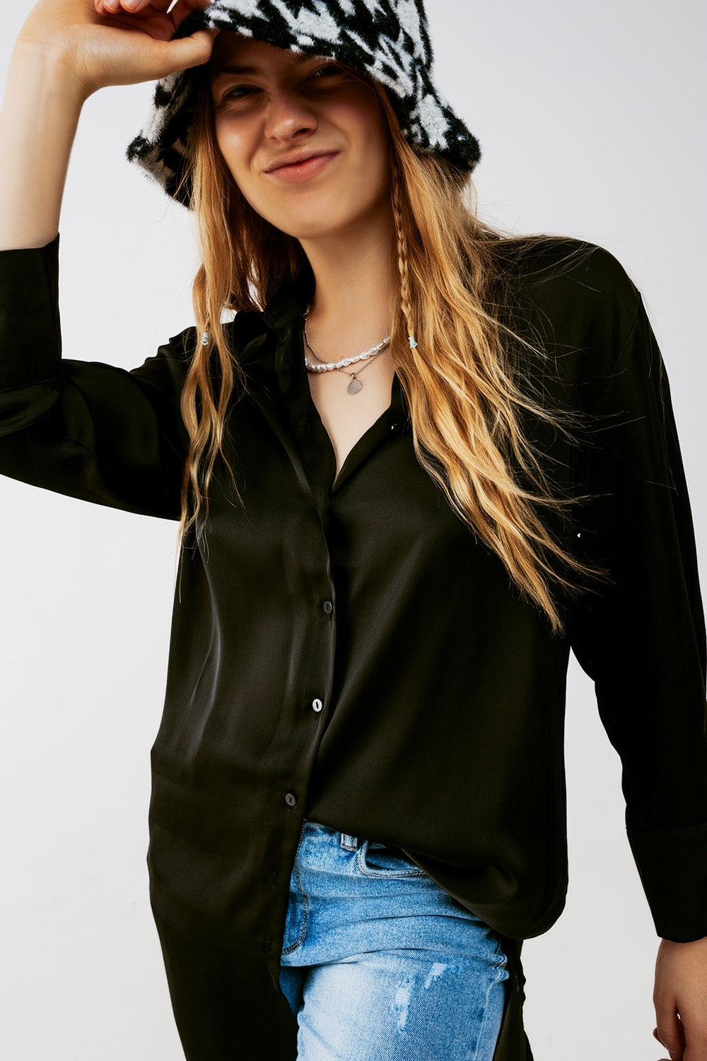 Long sleeve satin button front shirt in black