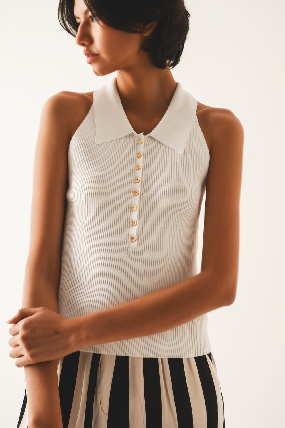 Q2 Ribbed knitted top with polo neck in cream