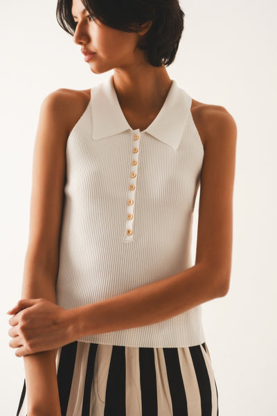 Load image into Gallery viewer, Q2 Ribbed knitted top with polo neck in cream
