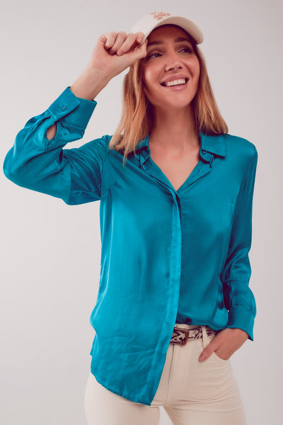 Load image into Gallery viewer, Q2 Satin shirt in turquoise
